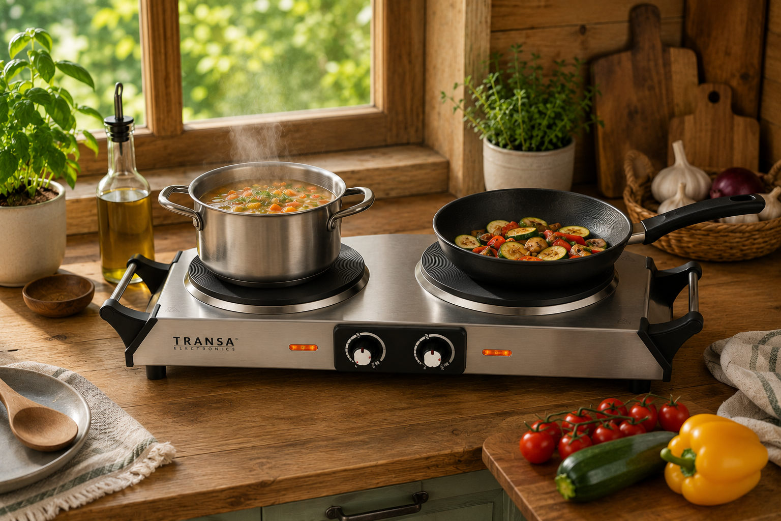 Kuchenka DoubleStove Iron z garnkami na dwóch żeliwnych płytach